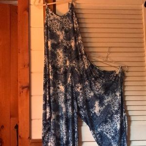 India Boutique blue and white floral/Moroccan print jumpsuit. One size fits all